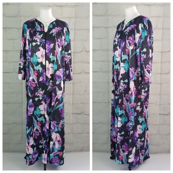 Vintage M/L Black Floral 3/4 Sleeve Maxi Muumuu House Dress 1/2 Zip Pullover - Picture 5 of 8